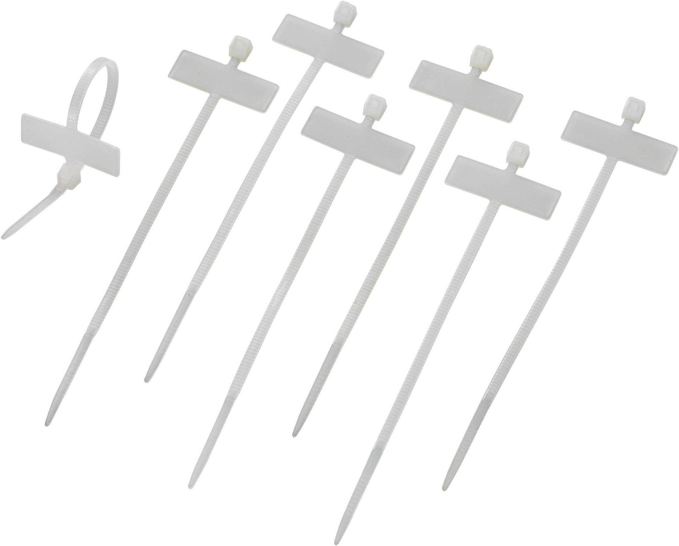 Six attache-câbles blancs avec étiquettes alignés, un positionné séparément. Adaptés pour organiser et identifier les câbles.