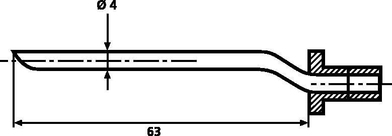 Dessin technique d'un tube avec dimensions : longueur 63 mm, diamètre 4 mm. Le tube présente un côté courbé et un côté en forme de bride.
