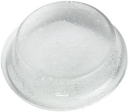 Un couvercle en plastique transparent, rond, avec une surface supérieure plate et un bord légèrement surélevé, sur un fond blanc.