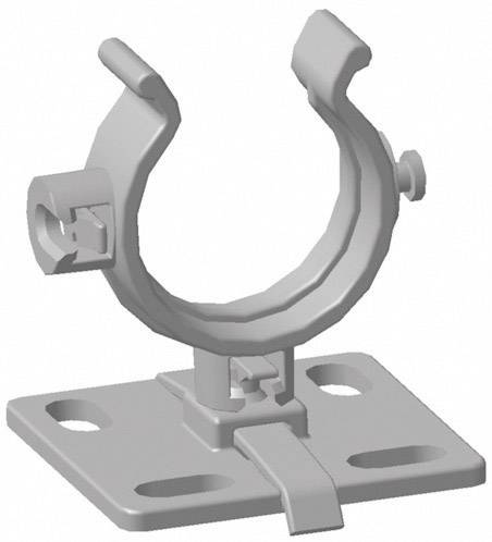 Manchette en plastique grise sur base carrée avec quatre trous de fixation, adaptée pour la fixation de tuyaux ou de câbles.