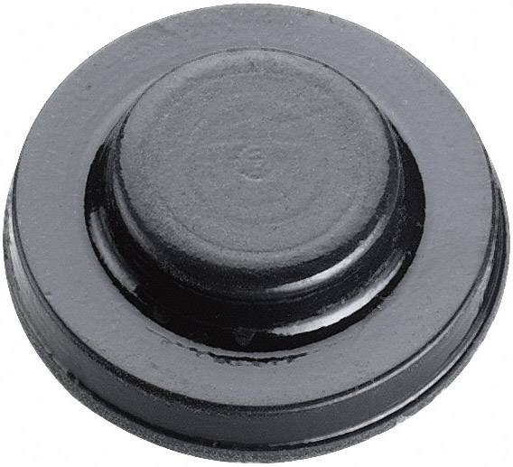 Un tampon en caoutchouc noir de forme ronde, probablement utilisé comme élément d'amortissement ou de protection pour des meubles ou des surfaces de machines.