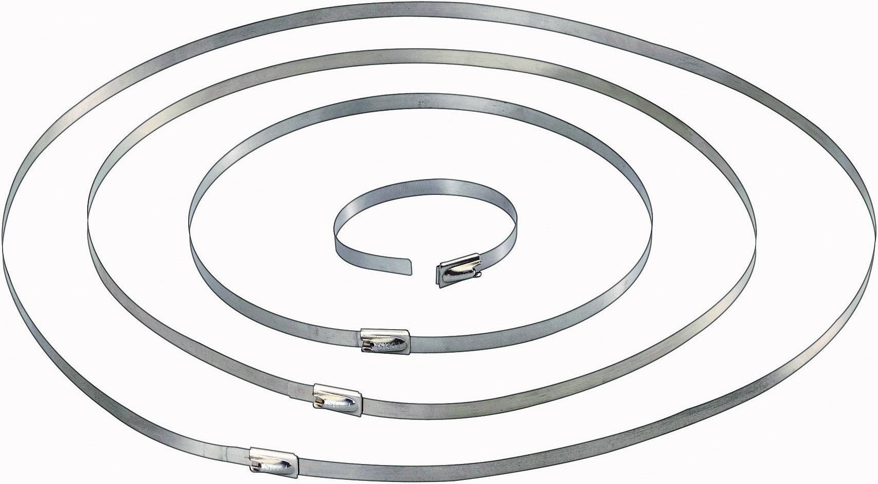 Quatre bandes métalliques argentées, disposées en spirale, chacune pourvue d'une fermeture, de différentes tailles.
