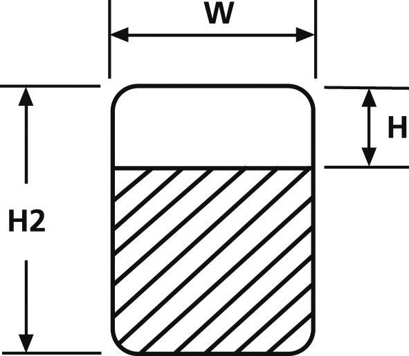Esquisse d'un corps rectangulaire aux coins arrondis. Dimension de largeur 'W' marquée, dimensions de hauteur 'H' et 'H2' marquées. Moitié droite hachurée.