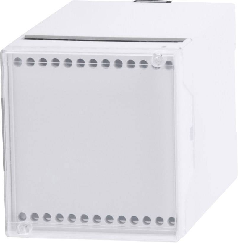 Boîte technique grise, rectangulaire, avec un couvercle transparent en plastique et des ouvertures de ventilation sur la face avant.