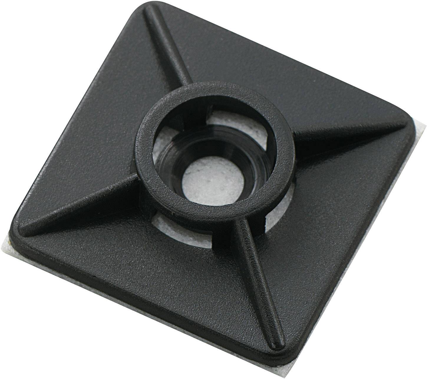 Support de serre-câble noir, carré, avec des bords arrondis et un trou de fixation central pour faciliter l'organisation des câbles.