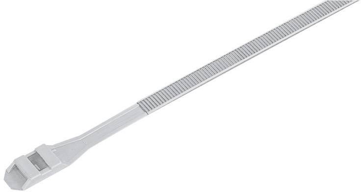 Serre-câbles en plastique gris, longs et étroits, à surface rainurée pour la fixation et la sécurisation d'objets.