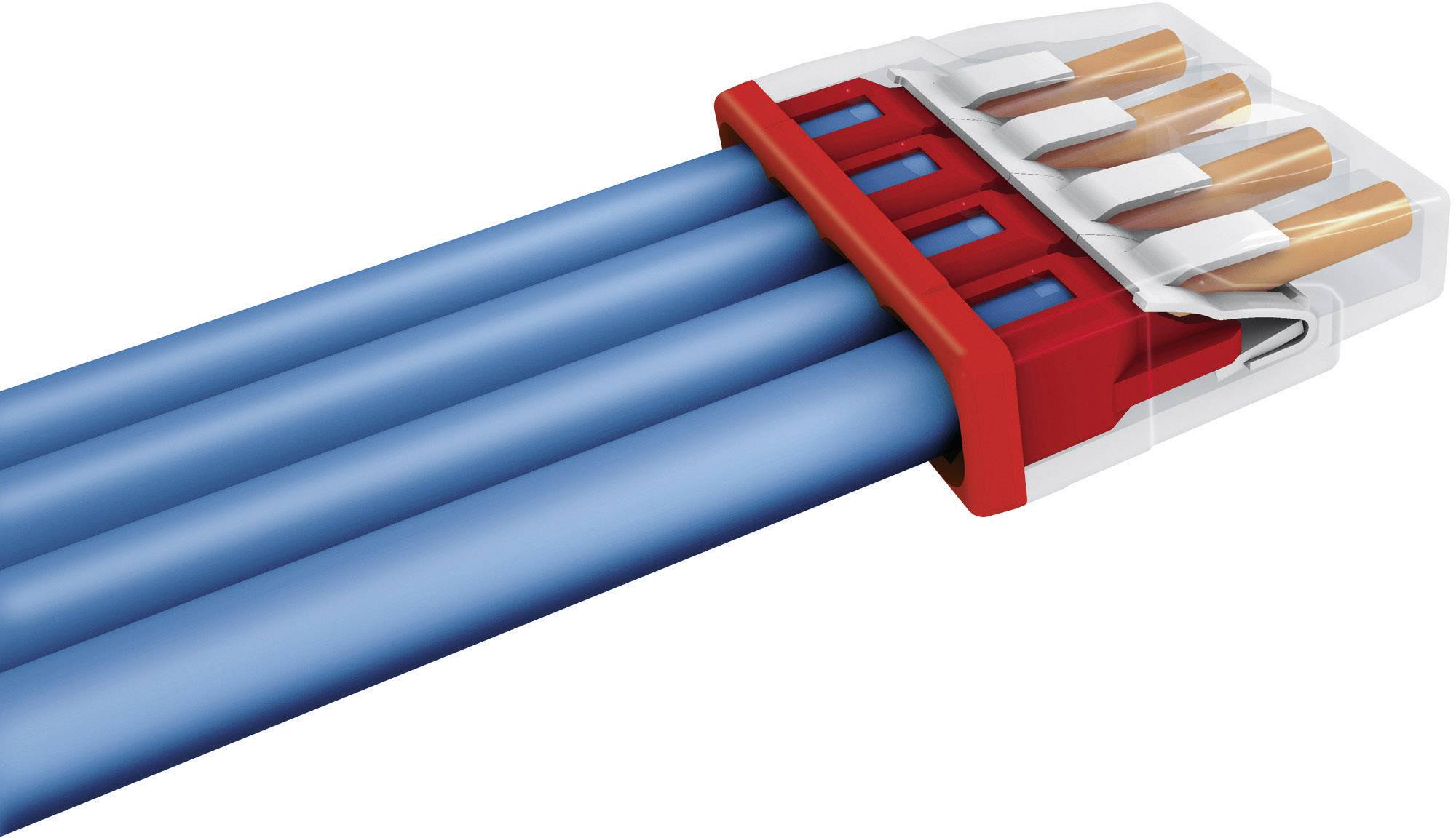 Un connecteur de câble bleu à trois câbles, relié par un clip en plastique rouge et transparent. Adapté pour les installations électriques.