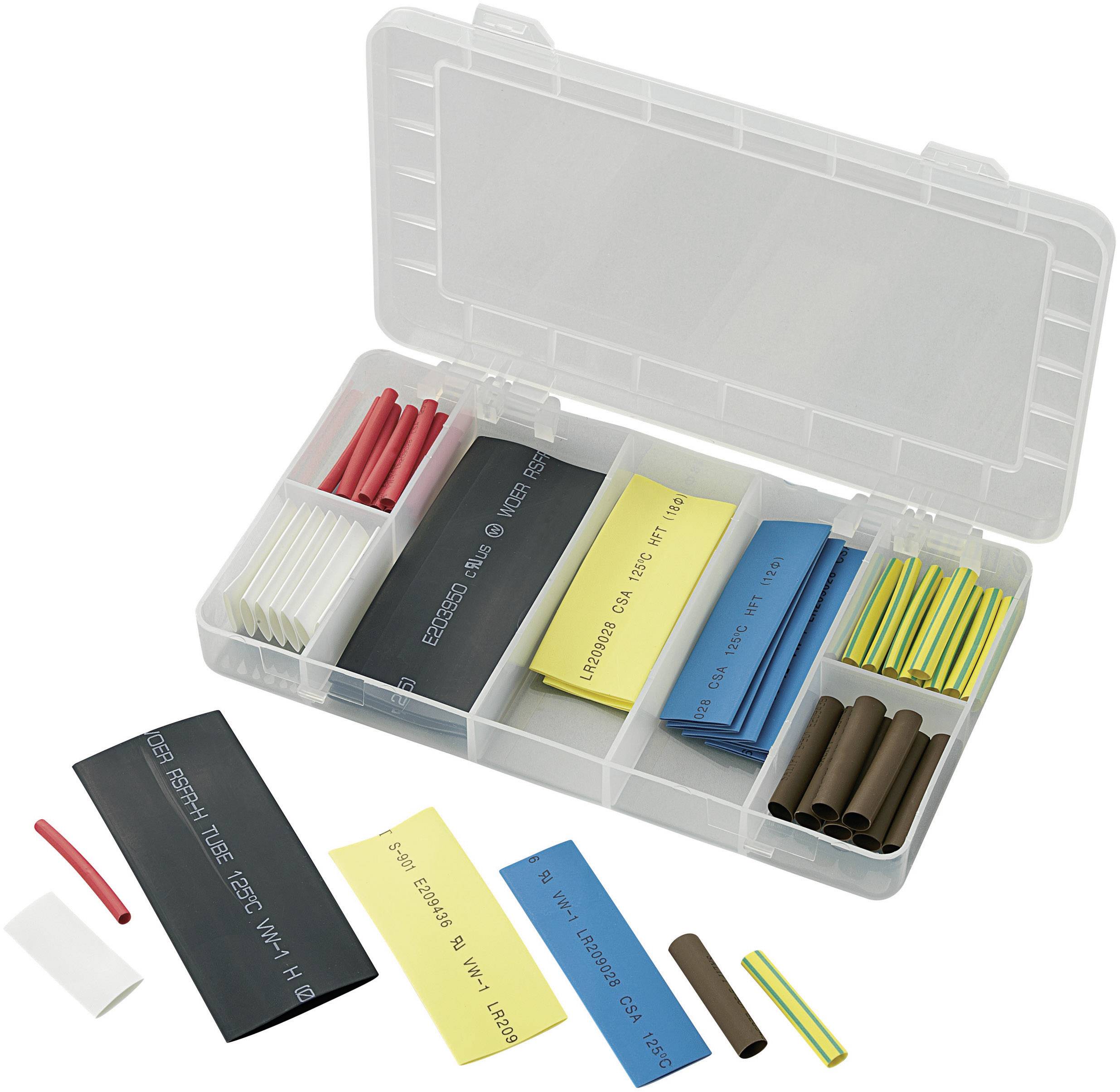 Boîte en plastique à compartiments ouverts, remplie de différentes gaines thermorétractables de couleurs et de tailles variées.