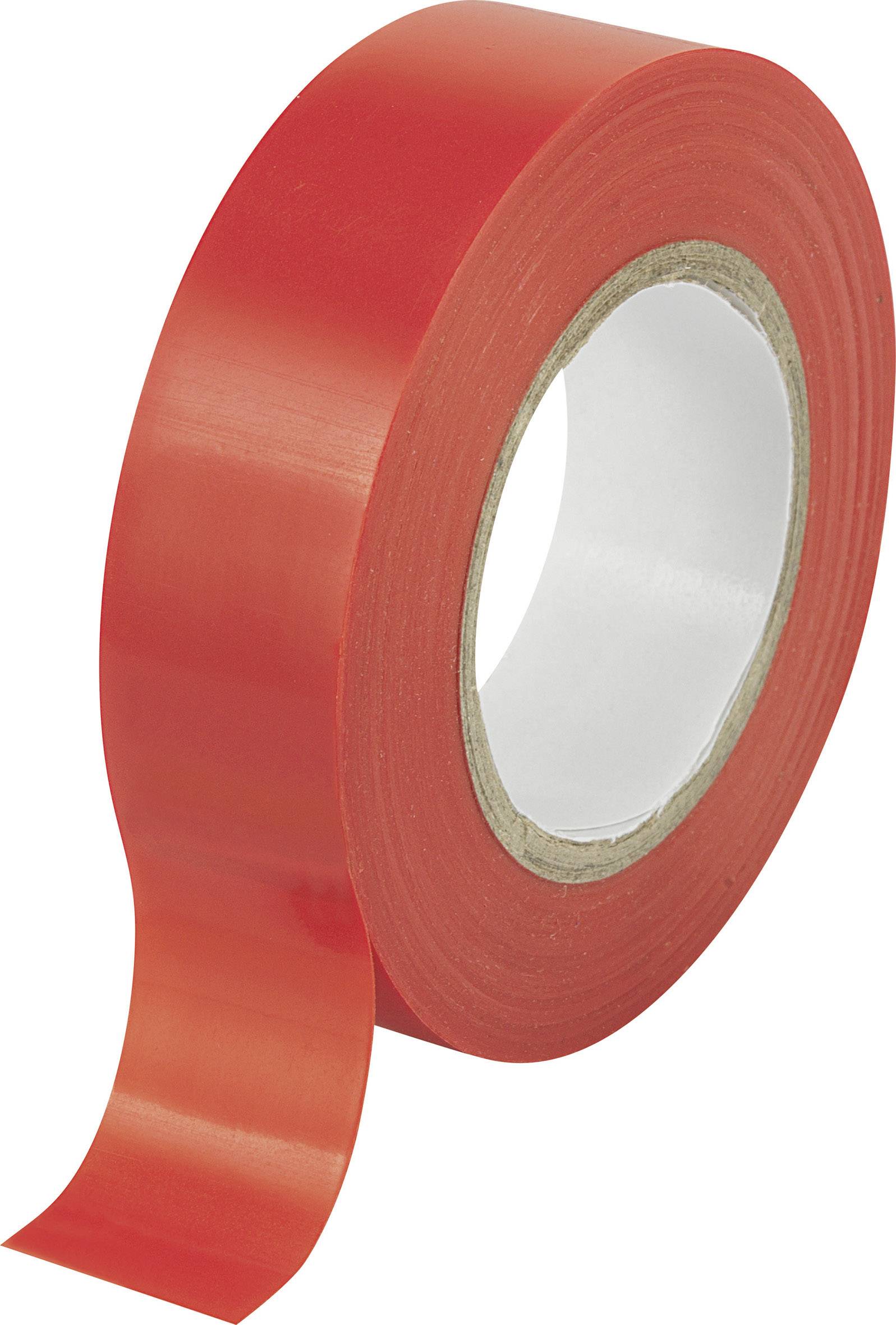 Un rouleau de ruban adhésif rouge avec une extrémité légèrement déroulée, sur un fond blanc.