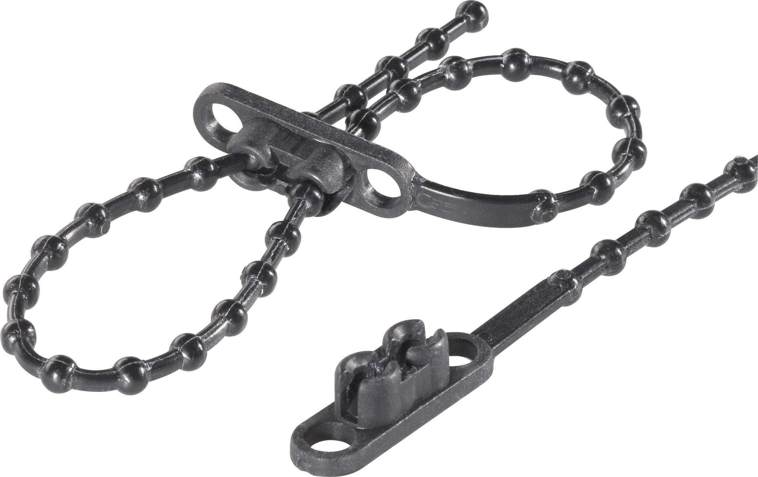 Colliers de câblage noirs avec structure de chaîne à billes, une boucle et un élément de fermeture, présentés sur un fond blanc.