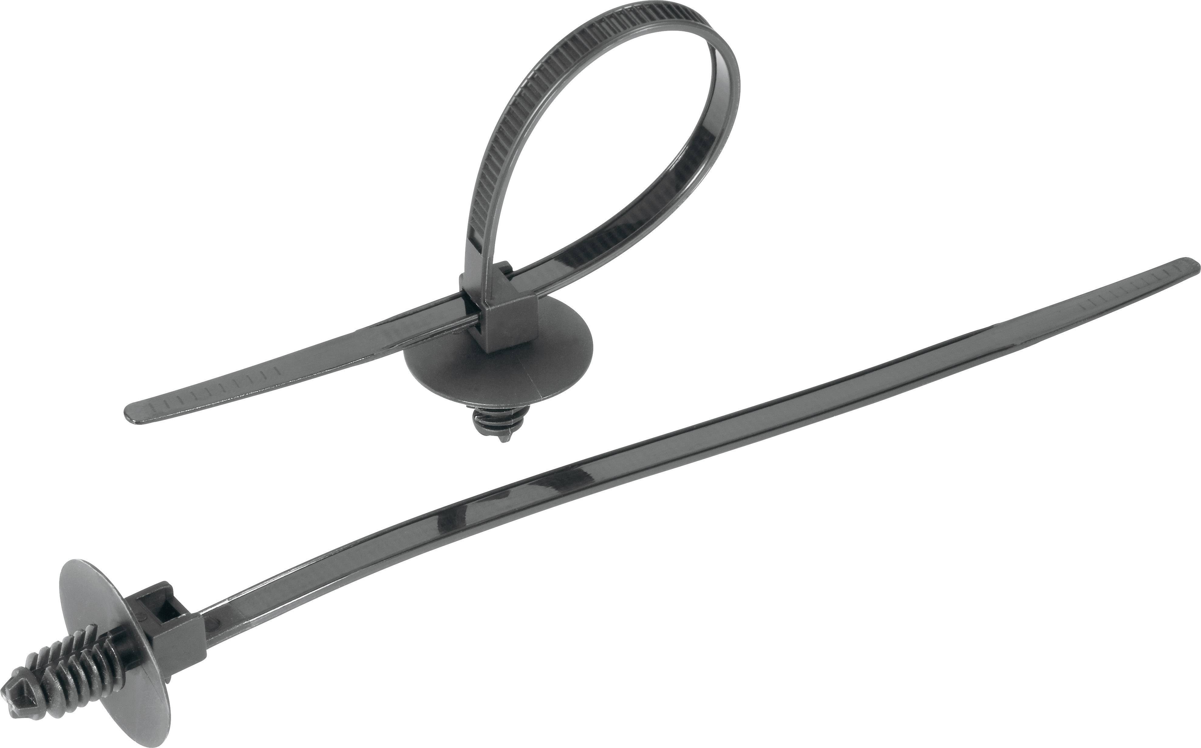 Deux colliers de serrage noirs avec des éléments de fixation intégrés. L'un est fermé, l'autre est ouvert et repose à plat.