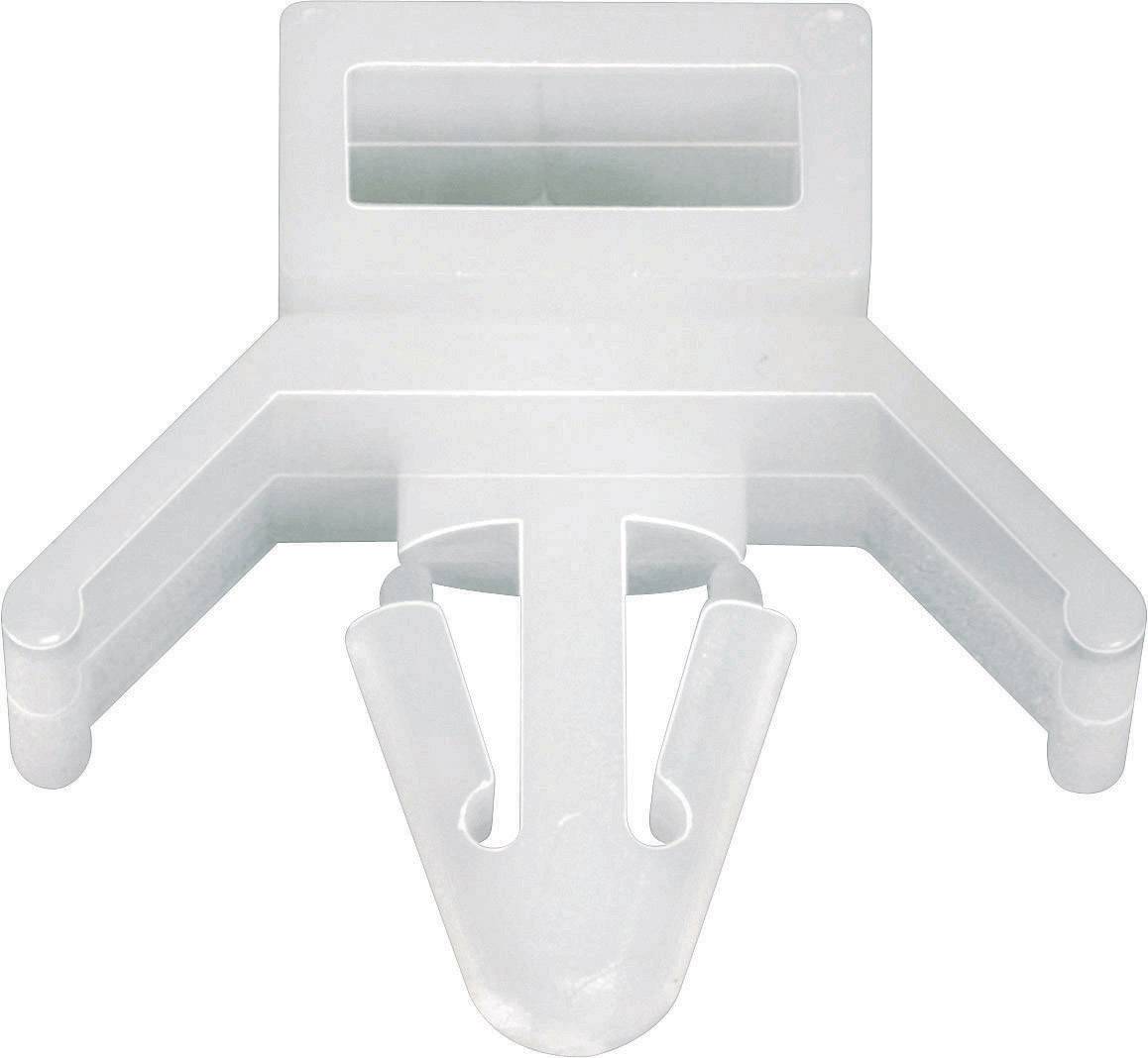 Un crochet en plastique blanc avec une ouverture rectangulaire et deux bras arrondis, probablement un support ou une pince.