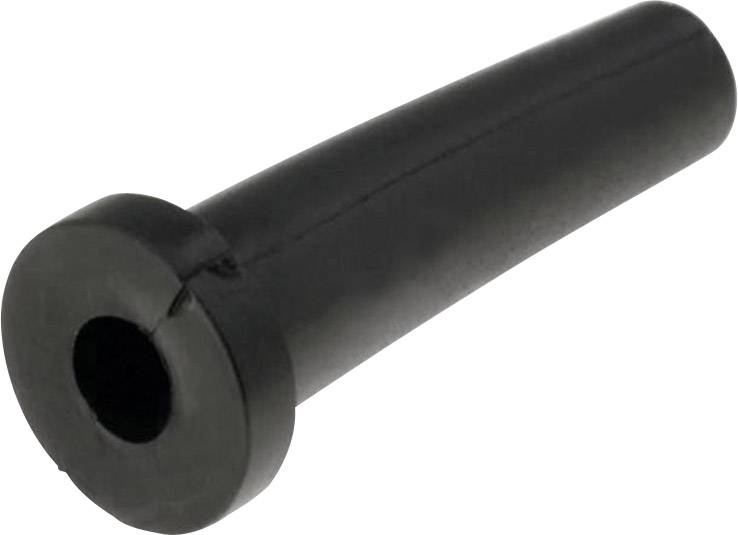 Bouchon en caoutchouc noir avec un trou au centre, de forme cylindrique, avec une couture latérale visible, utilisé pour obstruer des ouvertures.