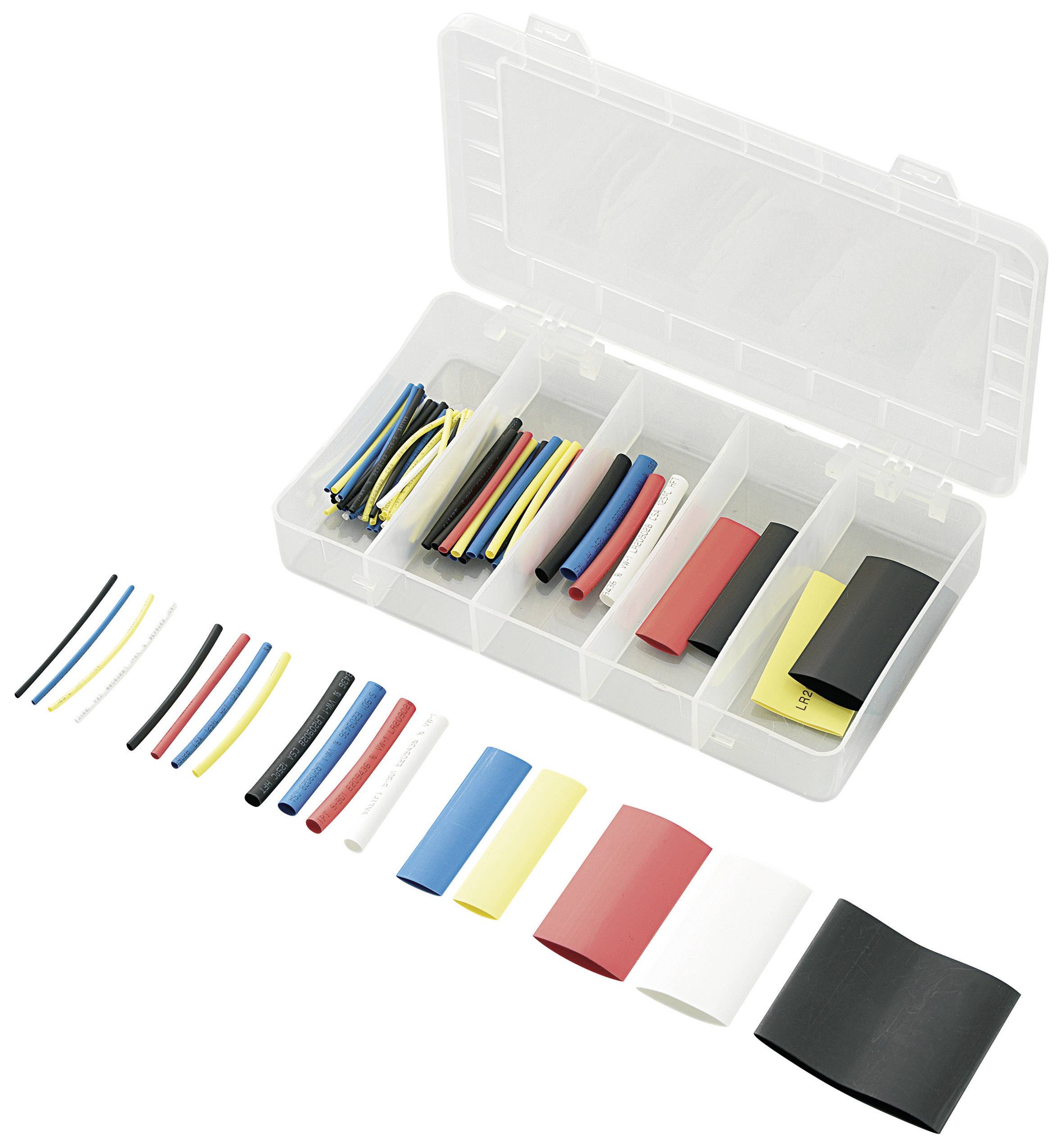 Une boîte transparente contenant divers tubes thermorétractables de différentes couleurs : noir, rouge, bleu, jaune et blanc, triés par compartiments.