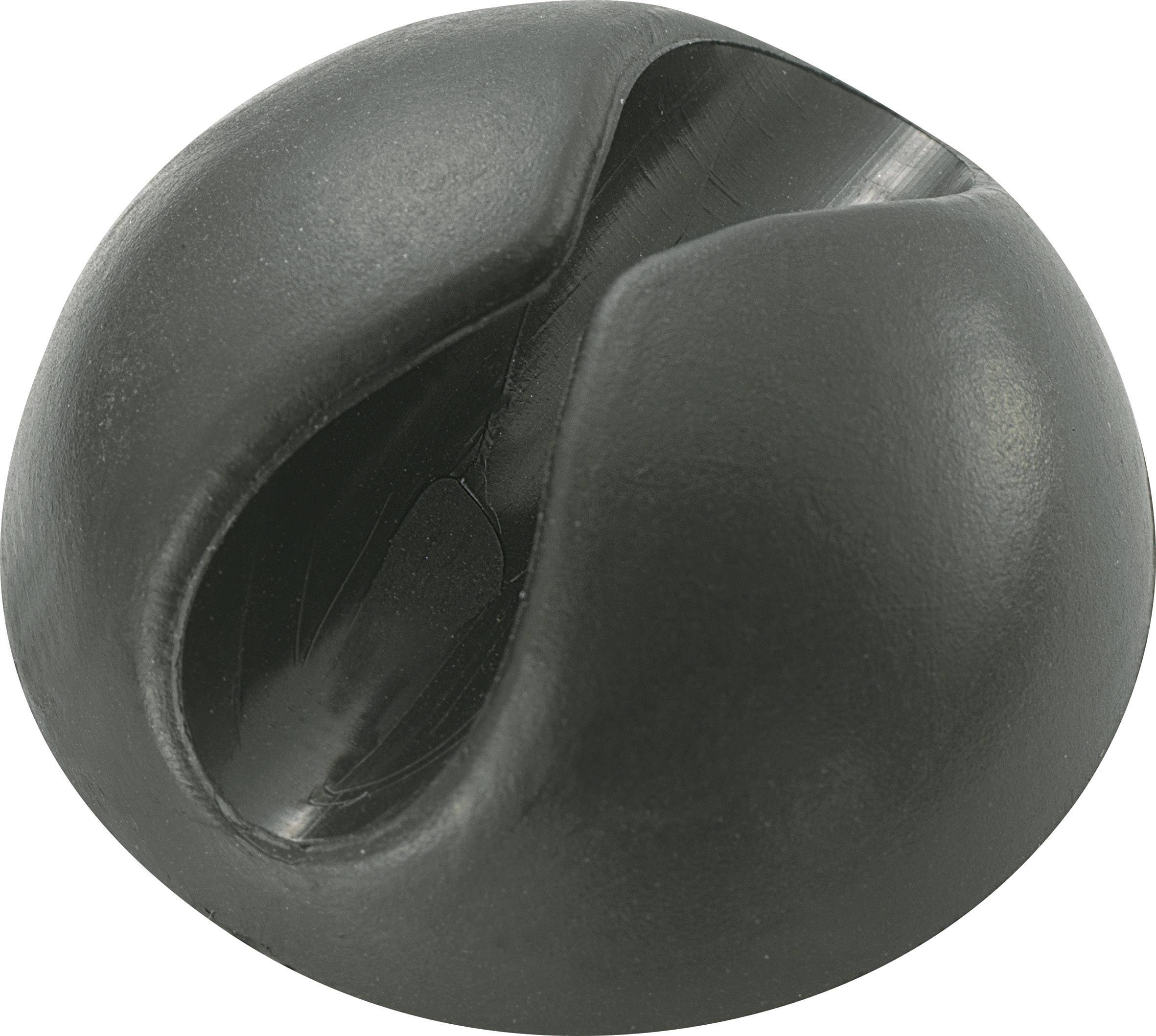 Support de câble noir en plastique au design circulaire avec une ouverture unique pour l'organisation des câbles.