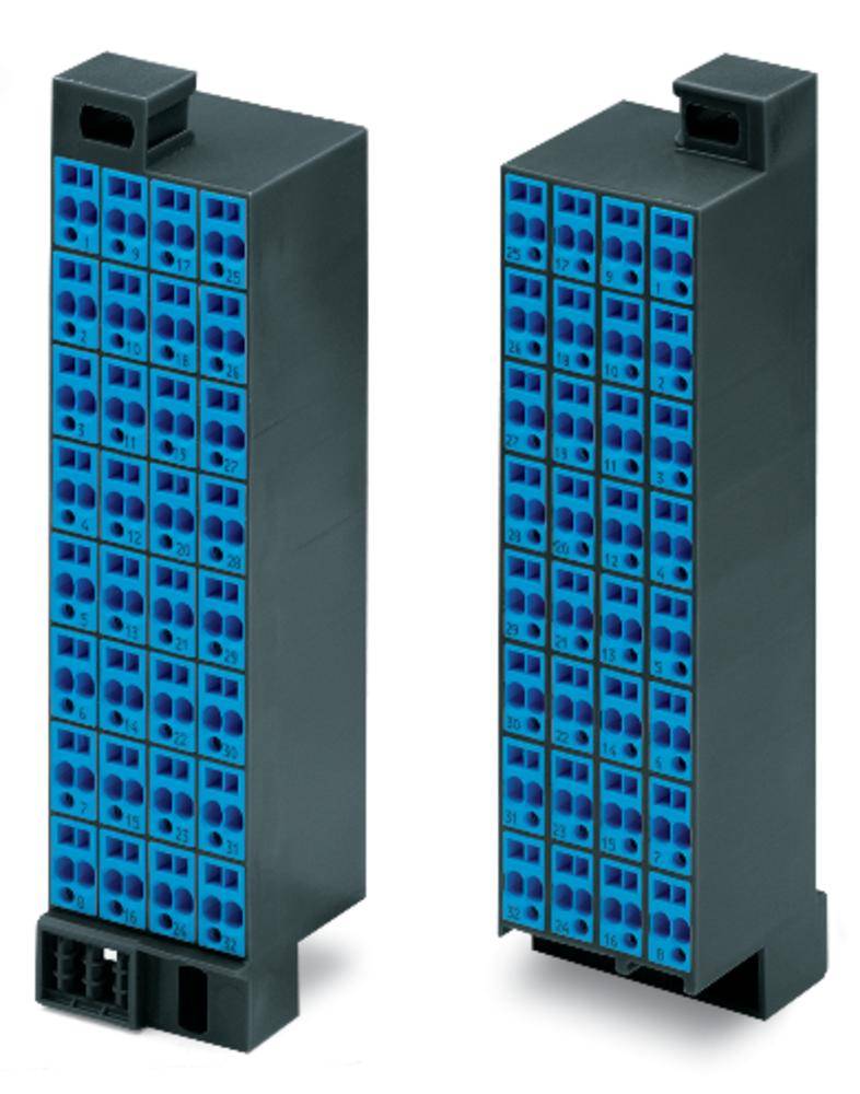 Deux boîtiers noirs avec des emplacements bleus disposés en plusieurs rangées, probablement utilisés comme modules de connexion dans un contexte industriel.