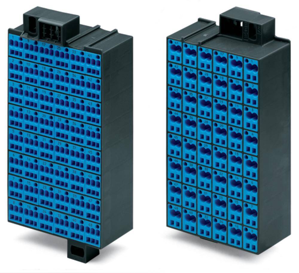Deux modules électroniques rectangulaires avec des prises de connexion bleues et des boîtiers noirs. Utilisés dans des applications industrielles.