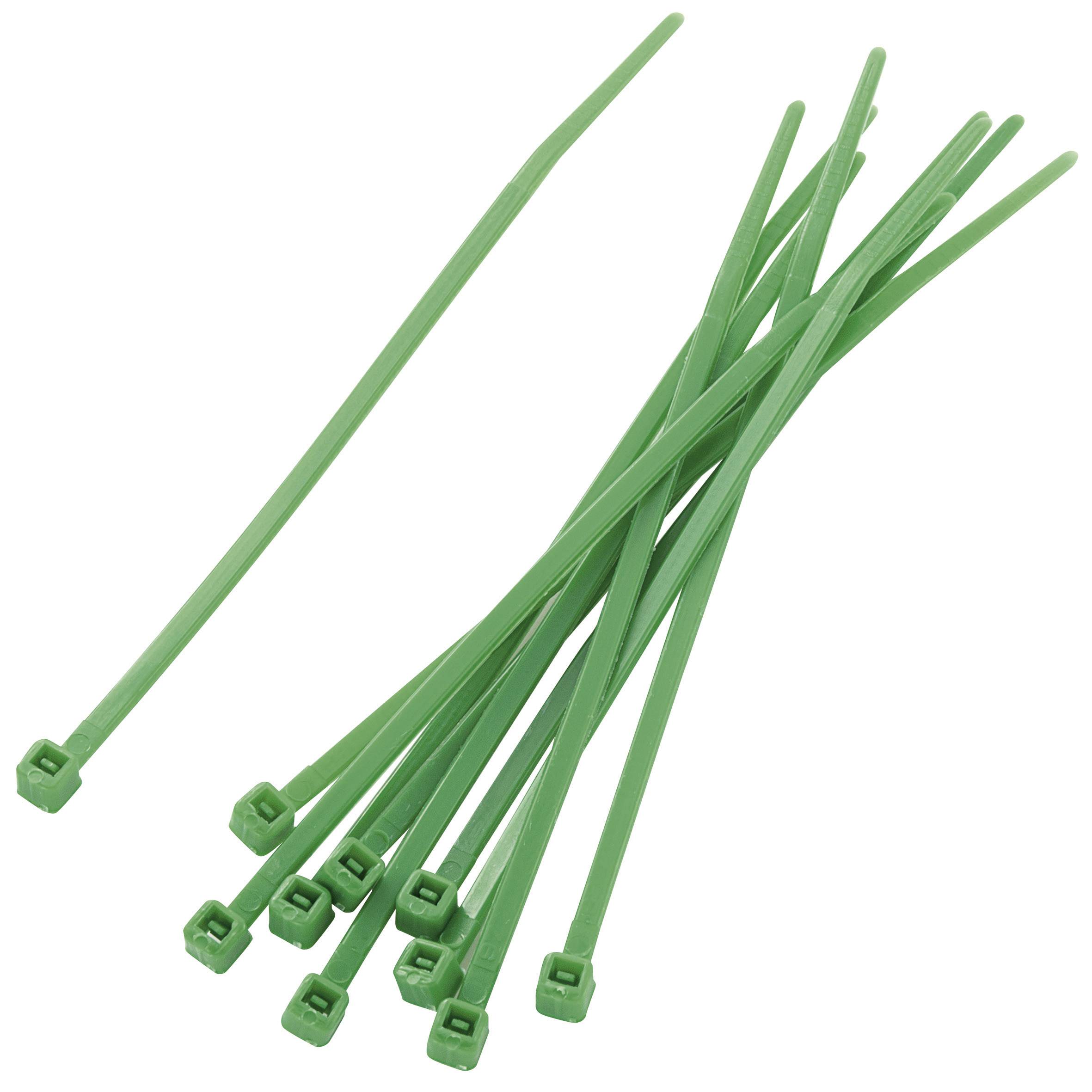 Attaches-câbles en plastique verts, triés en faisceau.
