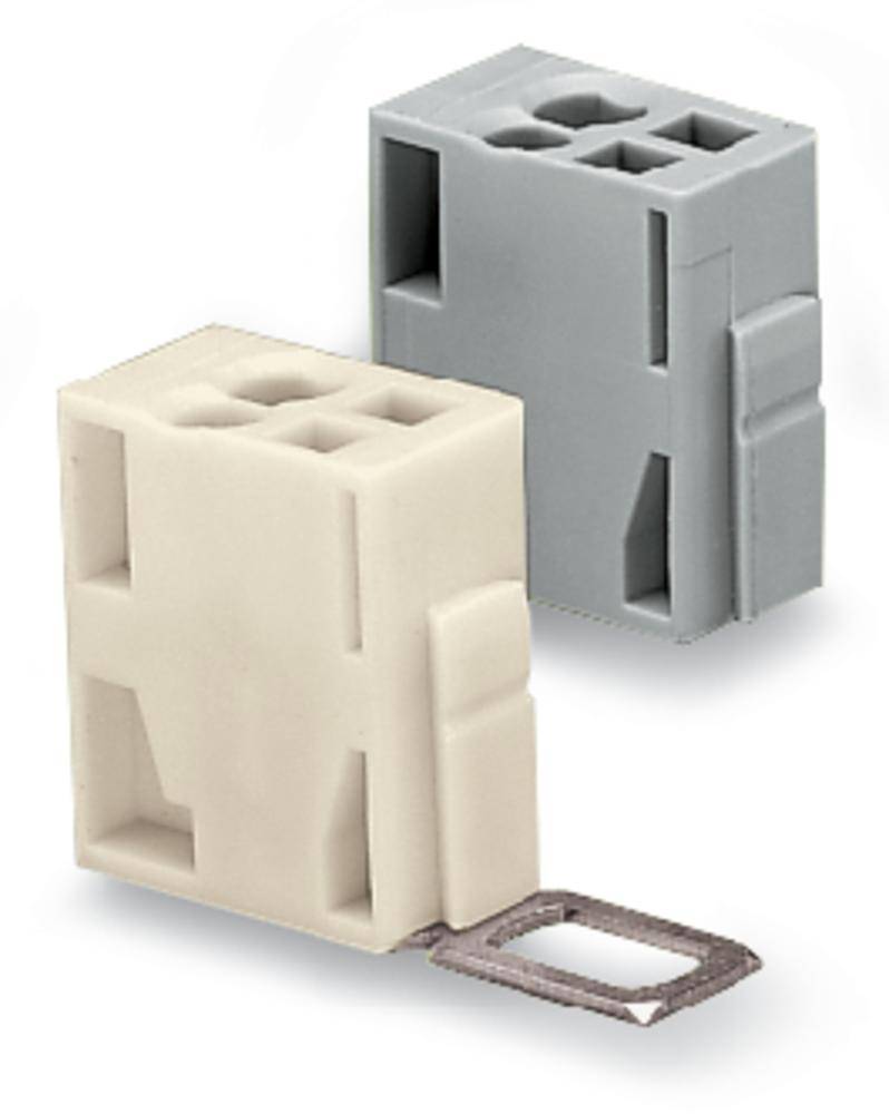 Deux éléments de connexion, l'un en blanc avec contact métallique, l'autre en gris. Ce sont des blocs de plastique avec des trous rectangulaires.