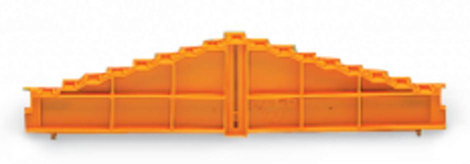 Une pièce en plastique orange, de forme étagée, avec une disposition symétrique, présentée dans une position horizontale.