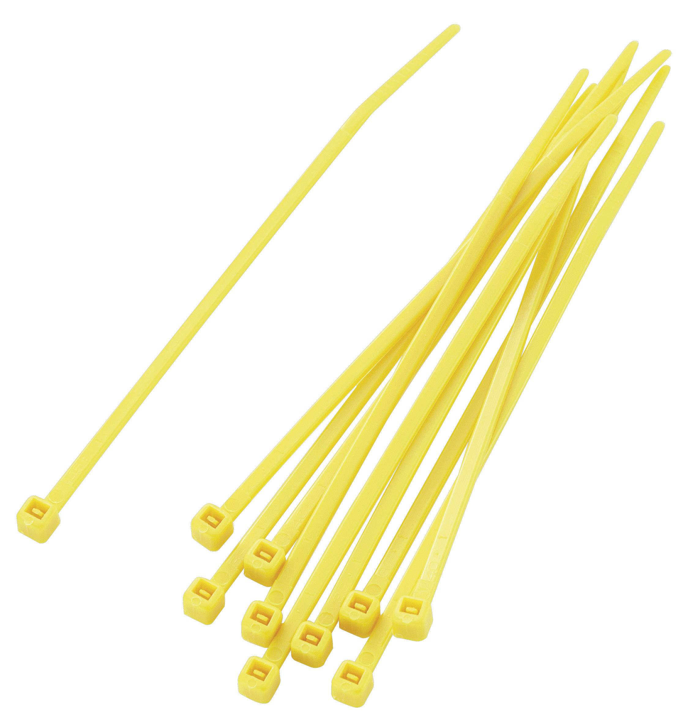 Dix attaches-câbles jaunes en plastique, disposées côte à côte sur un fond blanc, présentent des longueurs différentes.