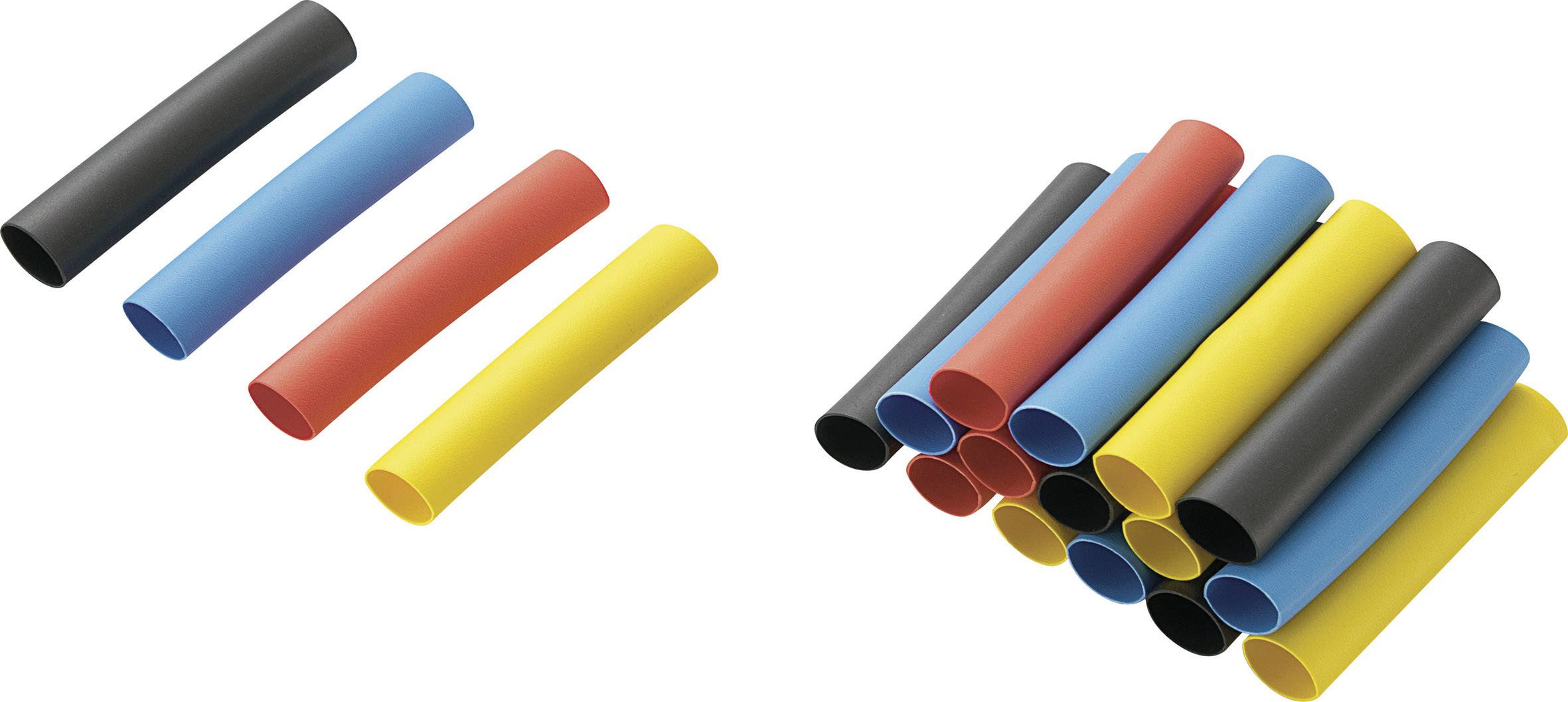 Gaines thermorétractables triées par couleur en deux groupes. À gauche, elles sont disposées individuellement, à droite en pile.