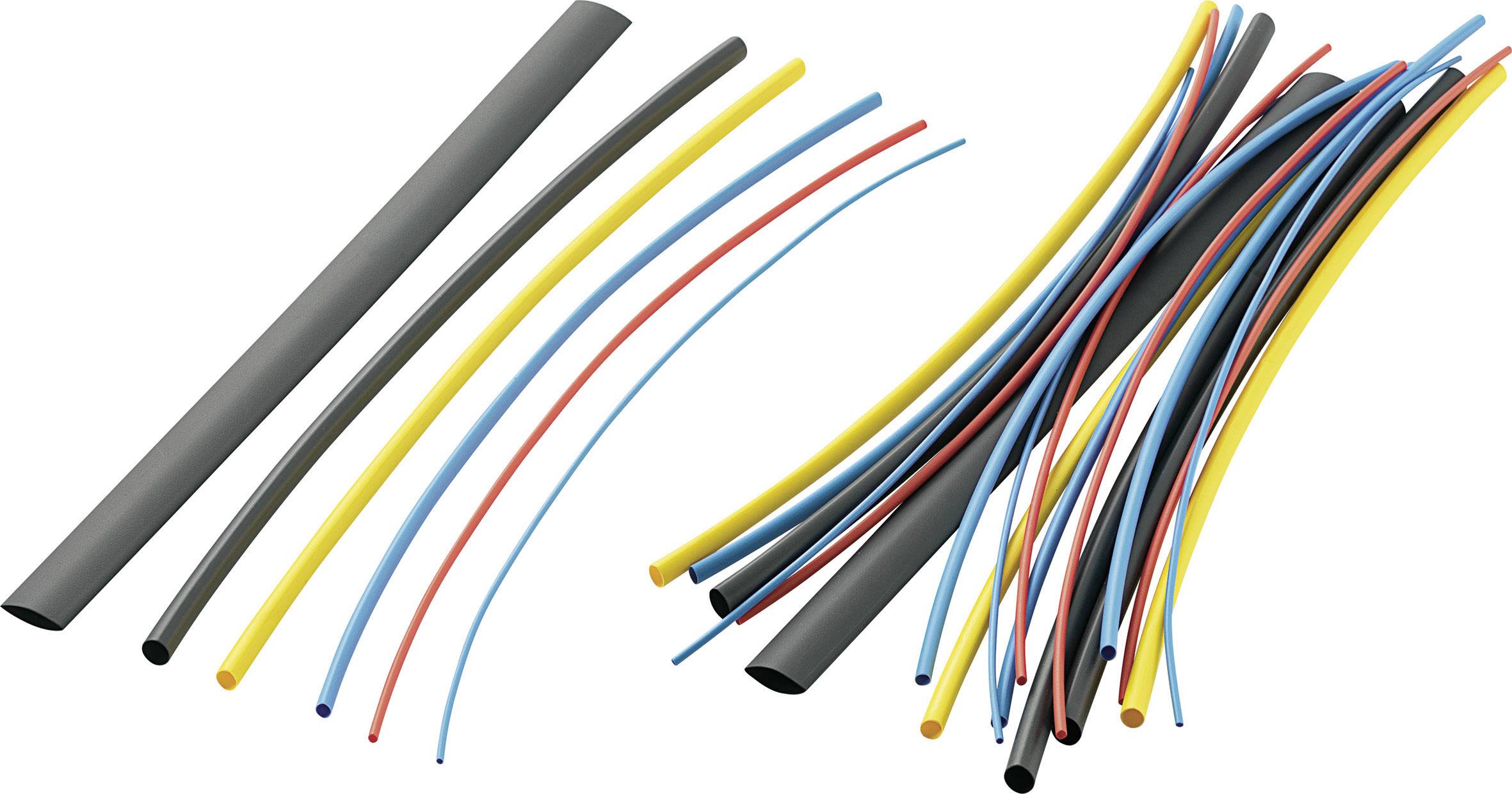 Gaines thermorétractables colorées de différentes tailles et couleurs, disposées côte à côte.