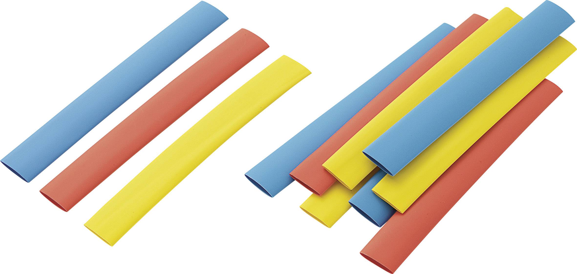 Dix tuyaux en mousse colorés en bleu, rouge et jaune sont empilés sur un fond blanc.
