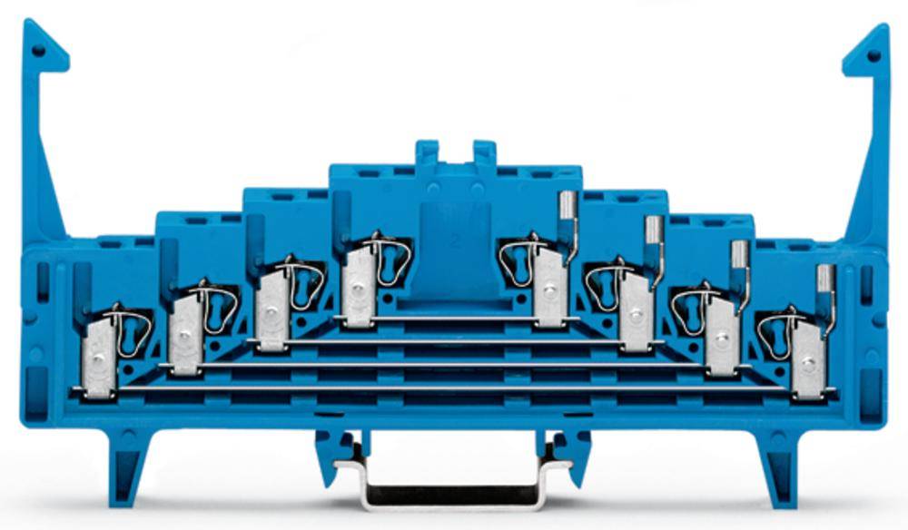 Un bloc de bornes électrique bleu en série, avec plusieurs points de connexion pour le câblage dans les armoires électriques.