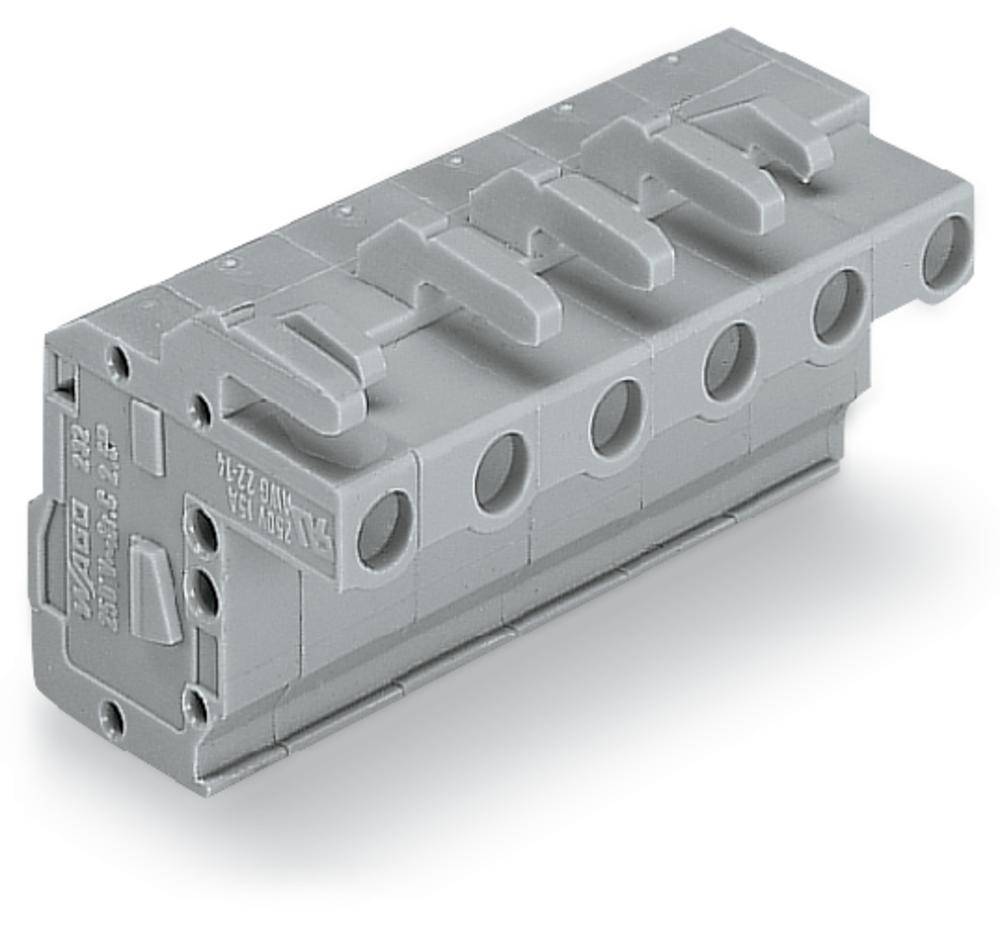 Un bloc de connexion à bornes gris à 5 pôles avec ouvertures latérales, utilisé pour les connexions électriques dans des applications industrielles.