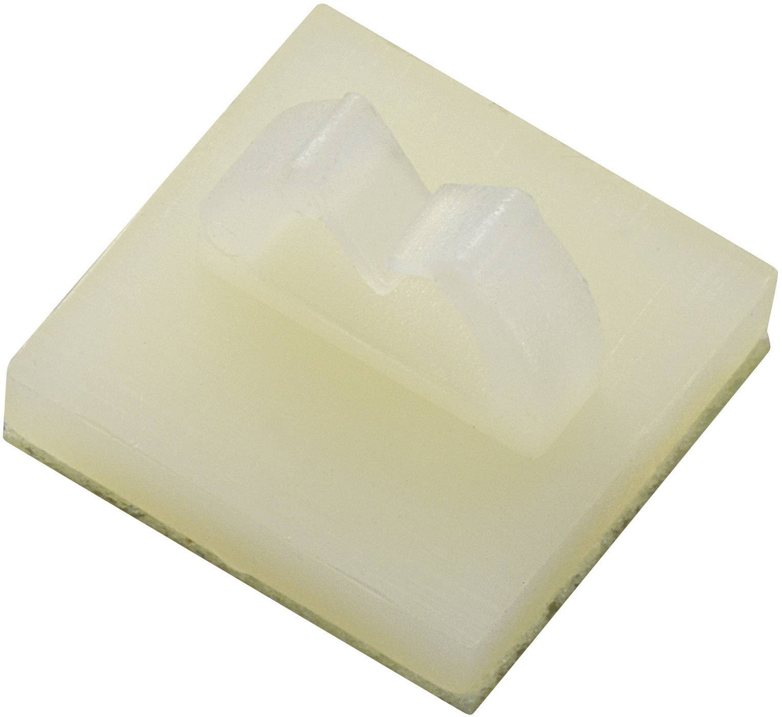Un support de câble carré blanc en plastique, doté d'une surface adhésive pour une fixation murale ou sur mobilier.