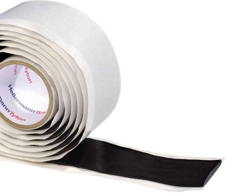 Un rouleau de ruban isolant avec un ruban noir et un papier de protection blanc. L'étiquette affiche la marque 'HellermannTyton'.