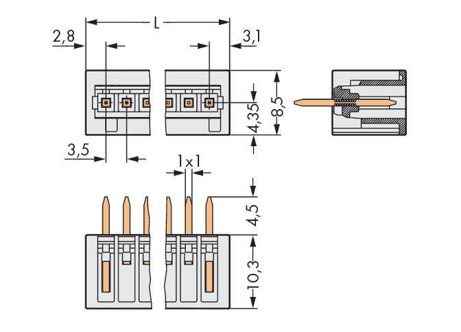 Dessin technique d'un connecteur quadripolaire avec dimensions en millimètres. Présente une vue de face, une vue latérale et une vue de dessus.