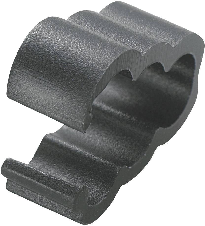 Collier de serrage en plastique noir, semi-ouvert, destiné à la fixation de tuyaux ou de câbles. Il présente une structure ondulée.