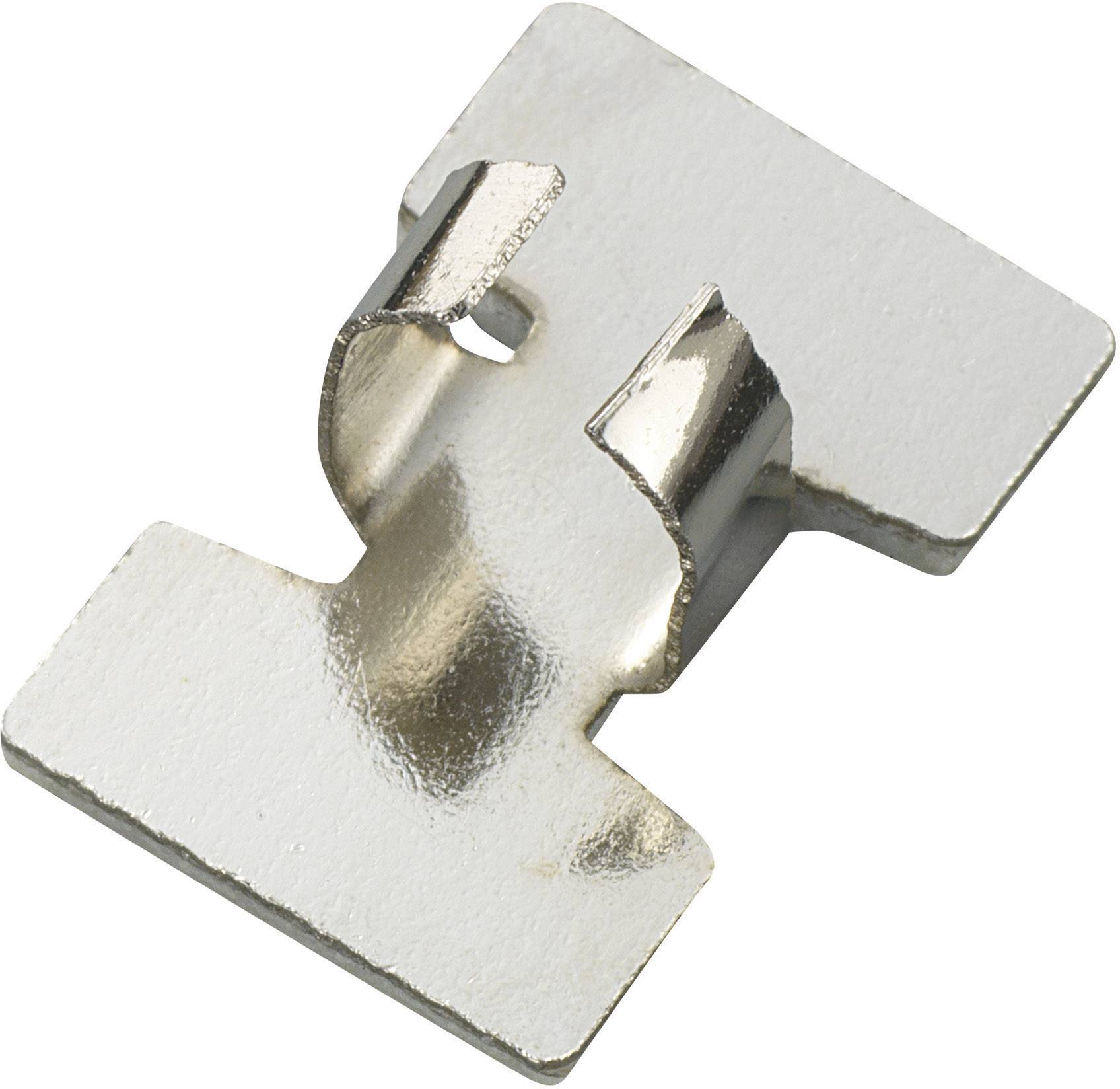 Disque métallique avec agrafe courbée, servant d'élément de fixation ou de connecteur, surface brillante, forme rectangulaire.