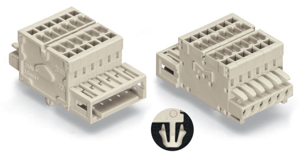 Deux connecteurs beiges à fiches avec plusieurs ports. Les deux sont positionnés symétriquement l'un par rapport à l'autre. Un petit symbole est visible en bas.