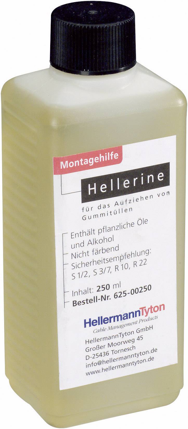 Aide au montage Hellerine : Bouteille destinée à faciliter la pose de joints en caoutchouc. Contient de l'huile végétale et de l'alcool.