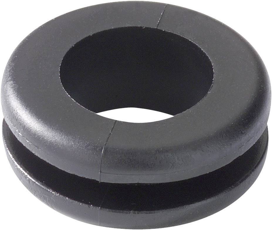 Anneau en caoutchouc noir avec un trou central et une encoche latérale, souvent utilisé comme passe-câble ou pour l'amortissement des vibrations.