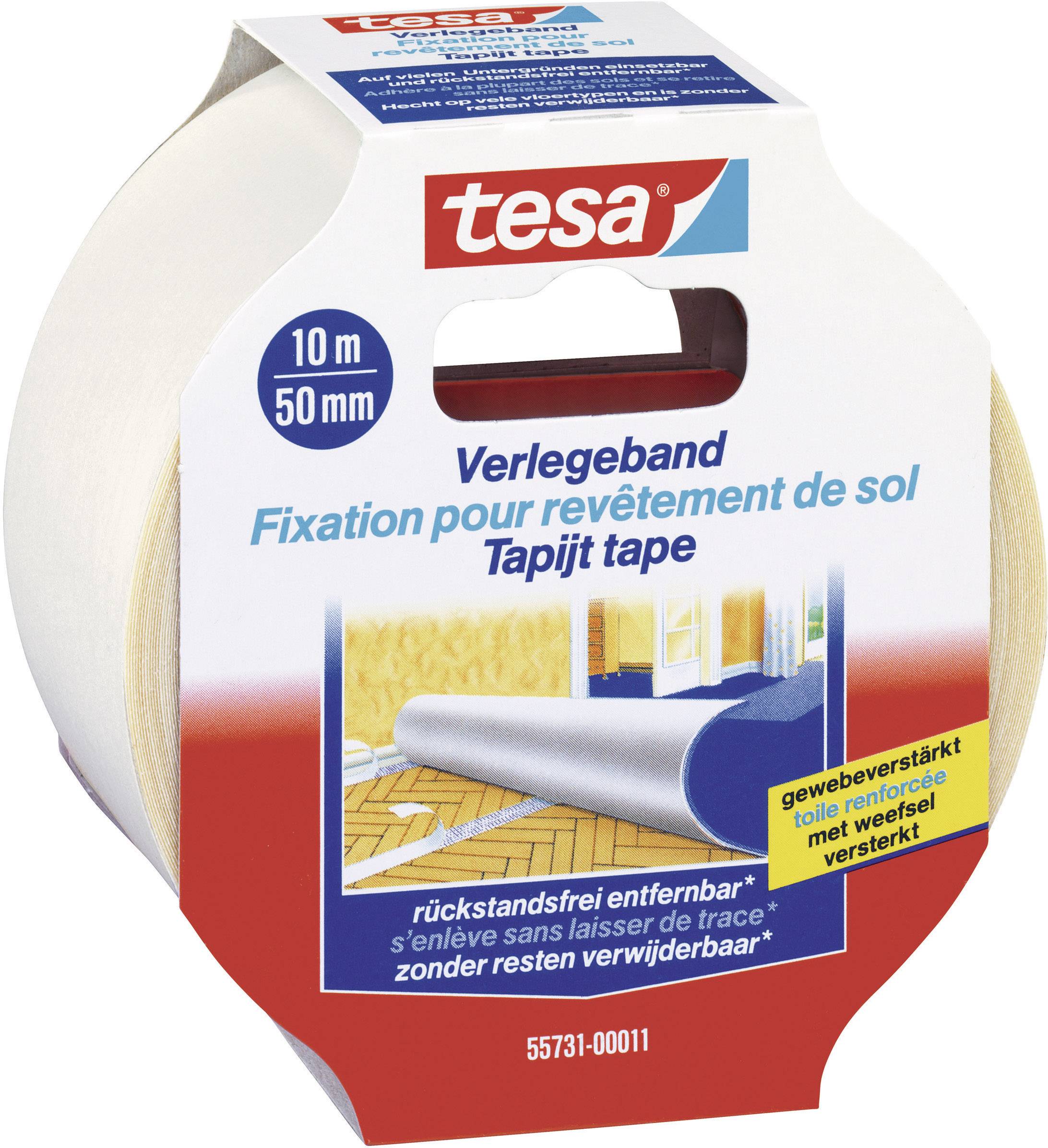 Ruban de pose Tesa, 10 m x 50 mm, pour le retrait sans résidu des revêtements de sol, renforcé de tissu pour une adhérence maximale.