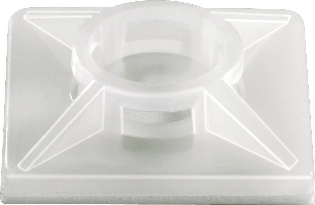 Un support de câble rectangulaire, transparent en plastique, avec une ouverture ronde au centre, utilisé pour la fixation des câbles.