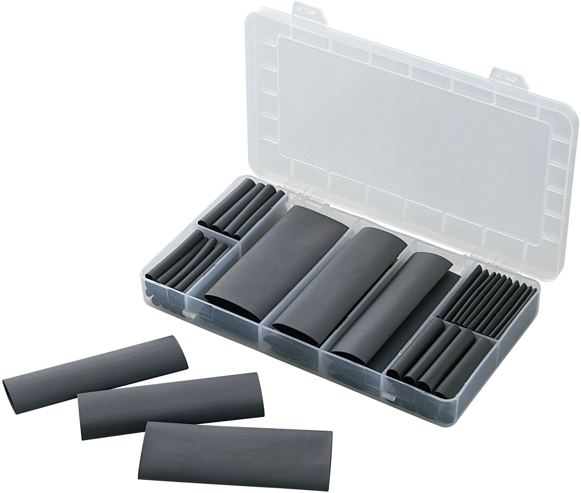 Ensemble de gaines thermorétractables noires dans un coffret en plastique transparent ouvert. Contient différentes tailles pour des applications électriques.