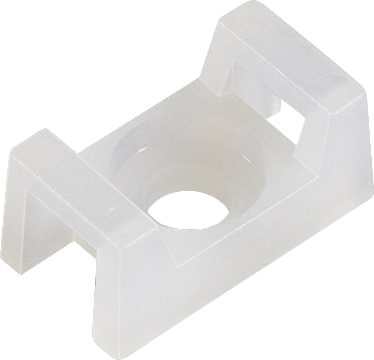 Un support en plastique blanc, rectangulaire, doté d'une ouverture centrale et de pattes de fixation latérales, utilisé pour le montage de câbles.