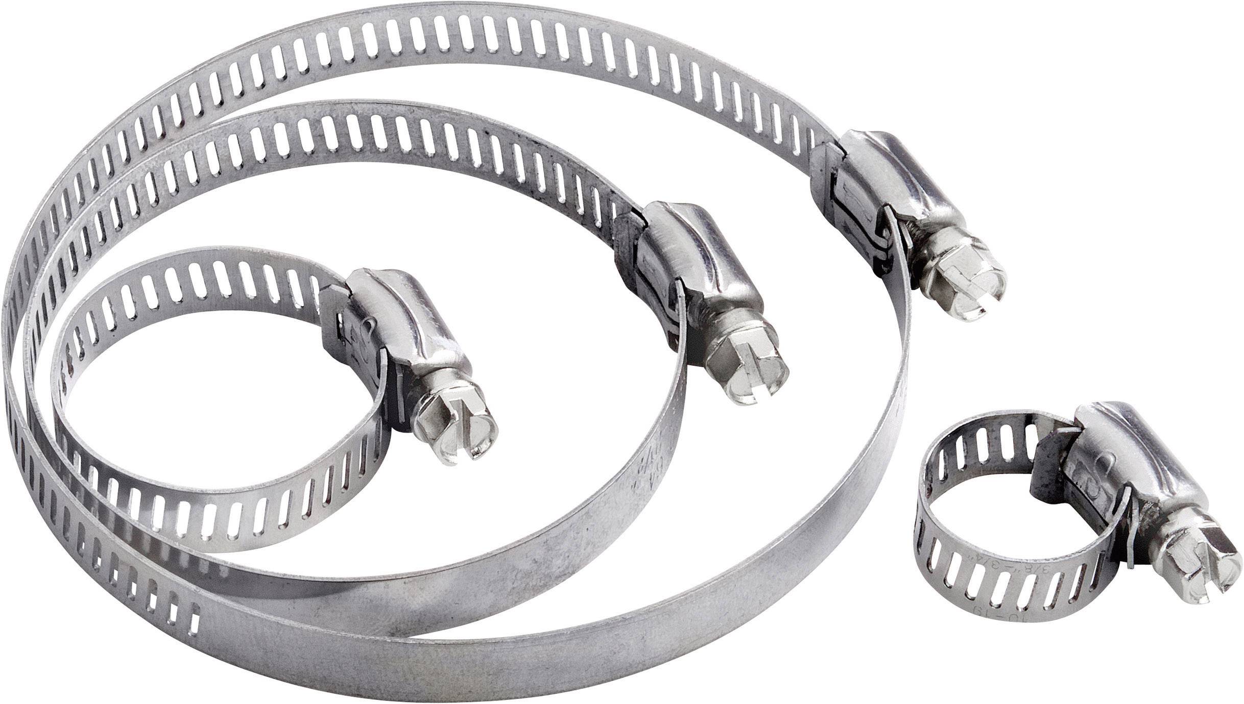 Trois colliers de serrage en acier inoxydable de différentes tailles sont alignés côte à côte. Ils sont destinés à la fixation de tuyaux ou de conduites.