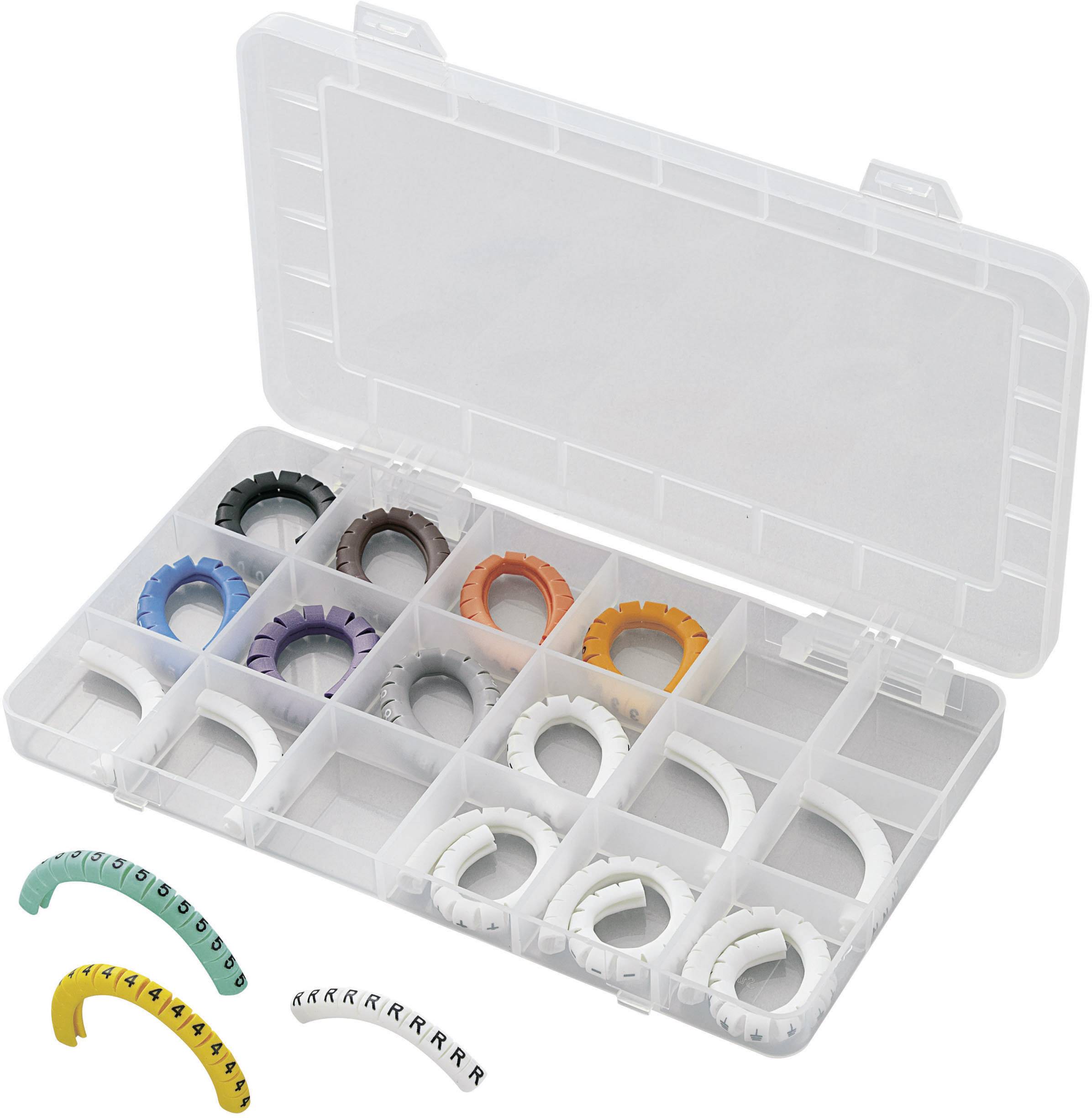 Boîte en plastique avec compartiments contenant des objets colorés et incurvés de différentes tailles, probablement des marqueurs de câbles, destinés à l'organisation.