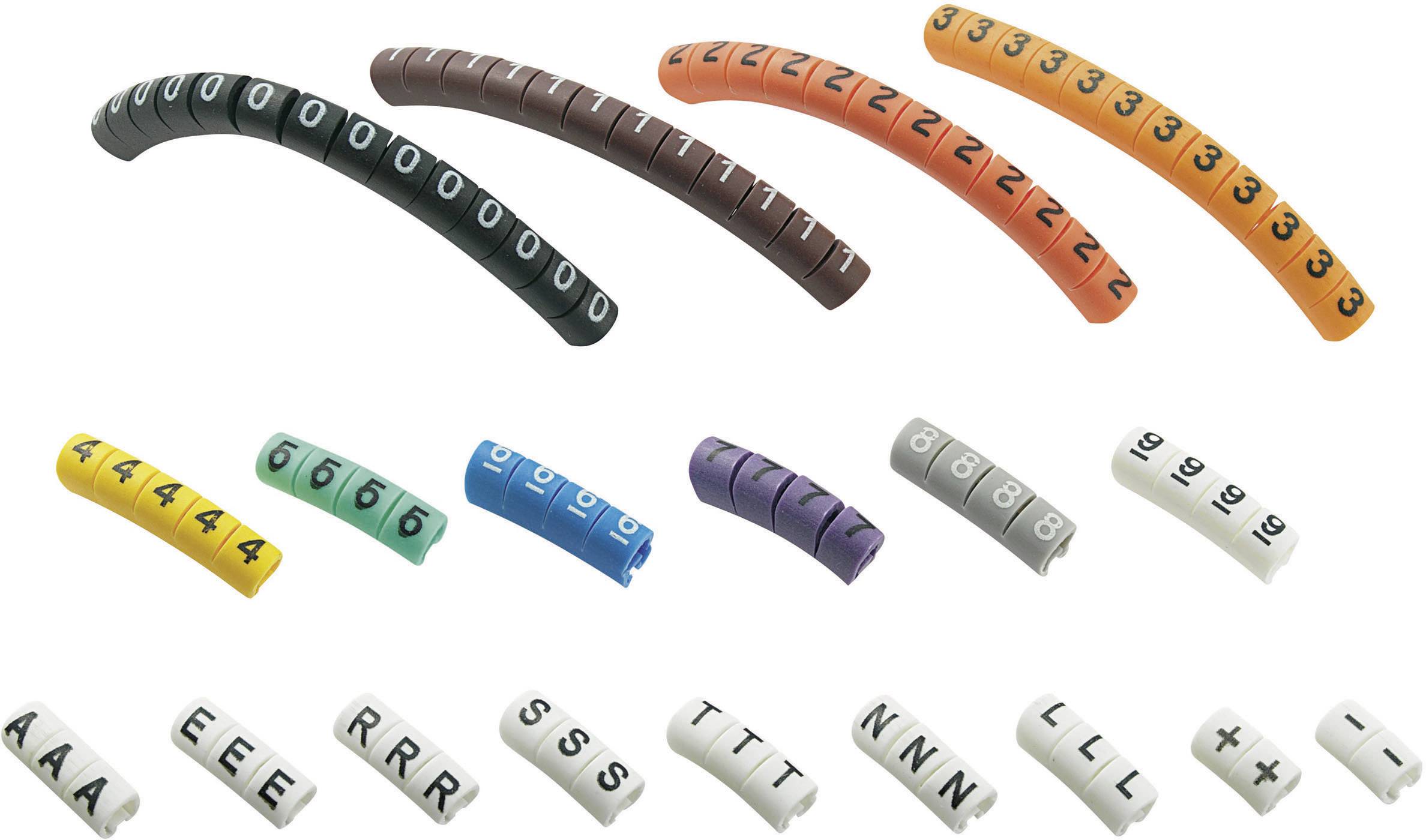 Clip de marquage Impression 0 - 9, A, E, L, N, R, S, T, -, + TRU COMPONENTS ECMKP-1 1566423 Plage de Ø extérieur 1 à 3 mm 1 set
