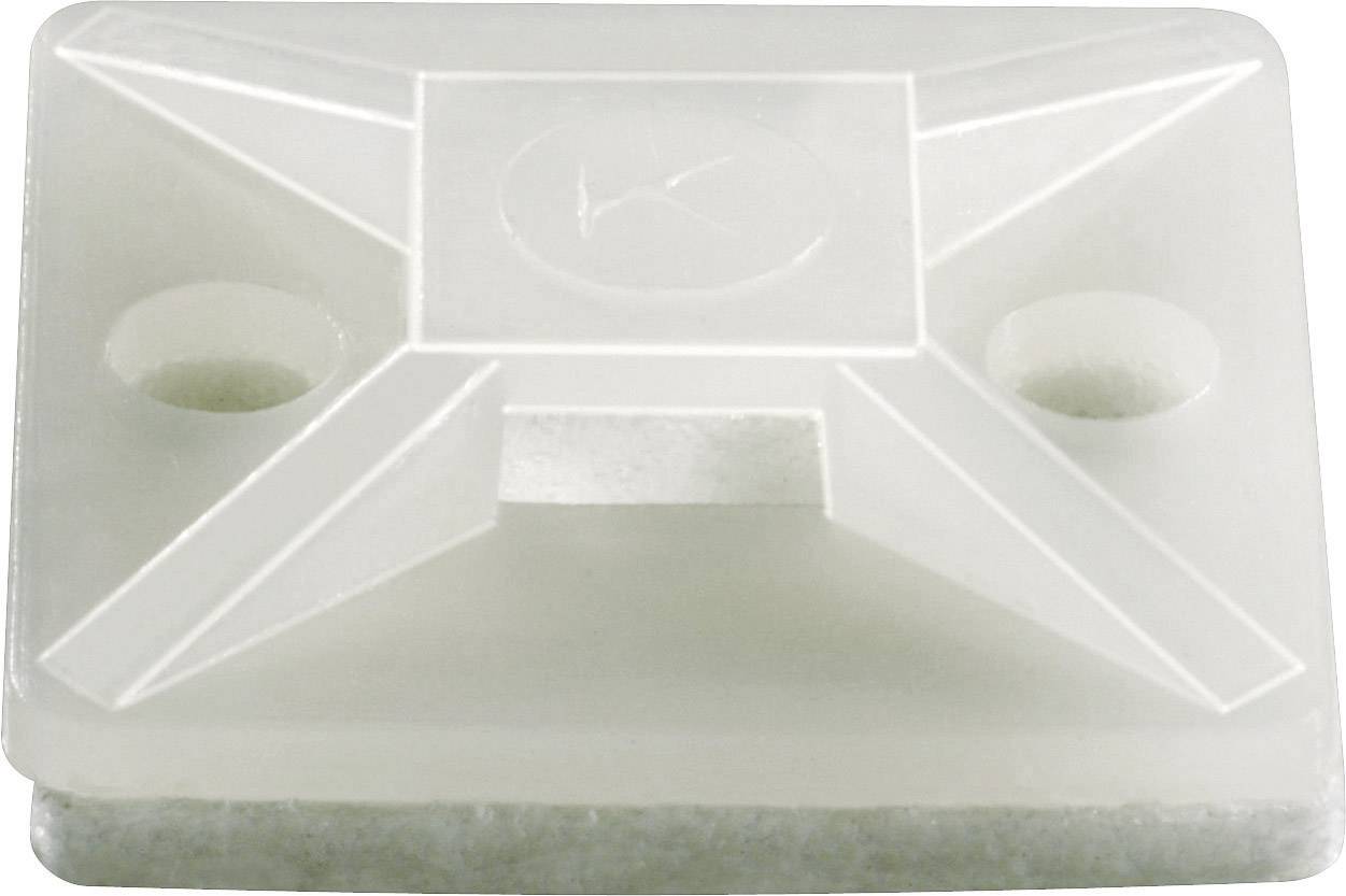 Support en plastique avec deux trous de fixation et un relief central sur le dessus, utilisé pour le montage de câbles.
