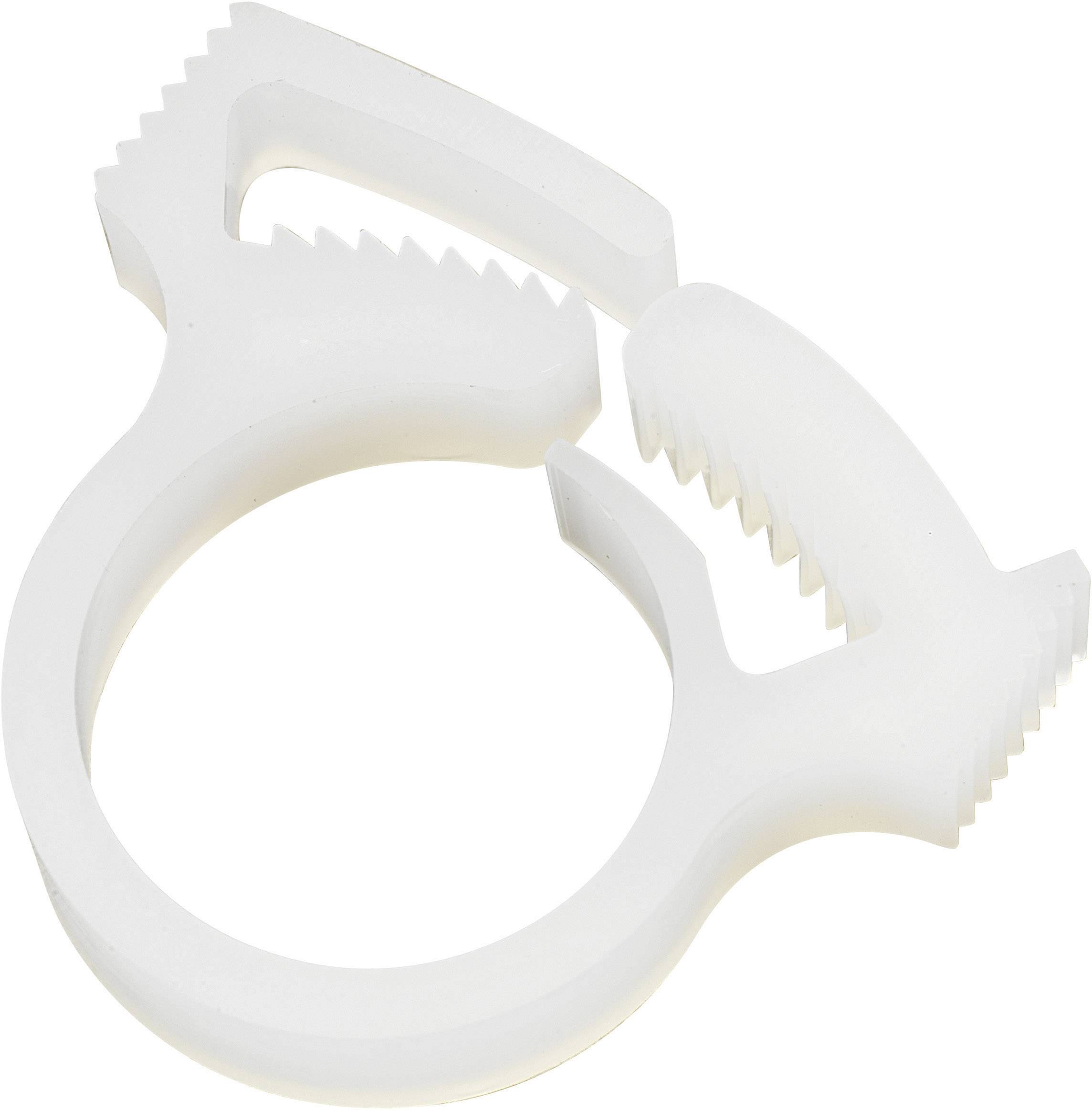 Ouvre-bouteille en plastique blanc, rond, avec des griffes dentées permettant d'ouvrir facilement différents types de bouchons.