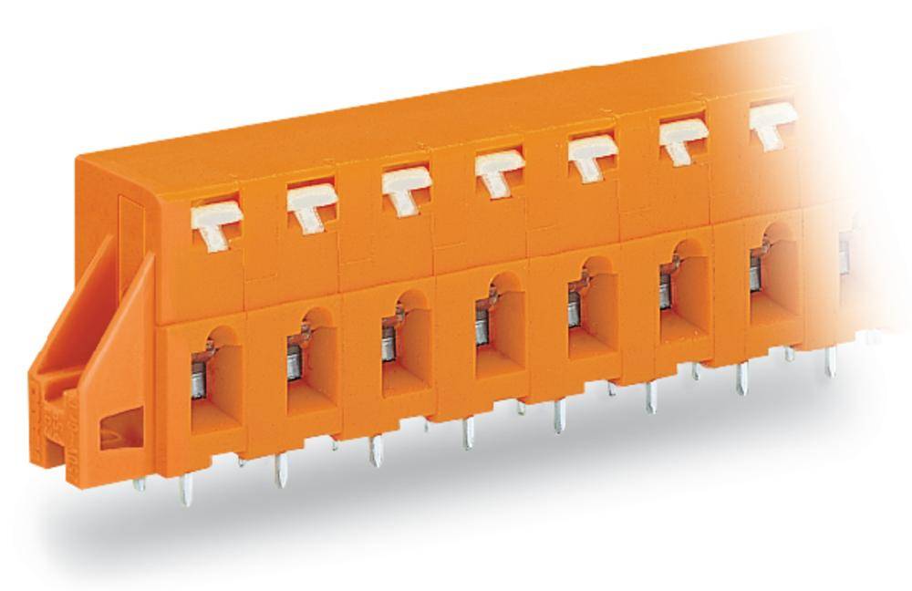 Connecteur électrique orange, de forme rectangulaire, doté de plusieurs contacts et de pattes de fixation.