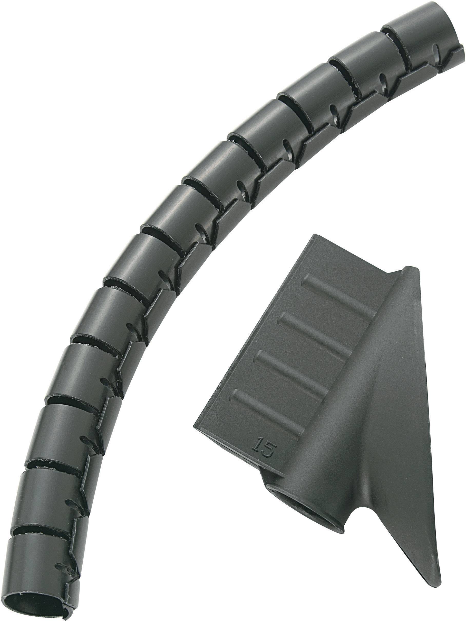 Gaine de protection noire pour câbles avec un outil facilitant la fixation et la protection des câbles, représentée de manière incurvée.