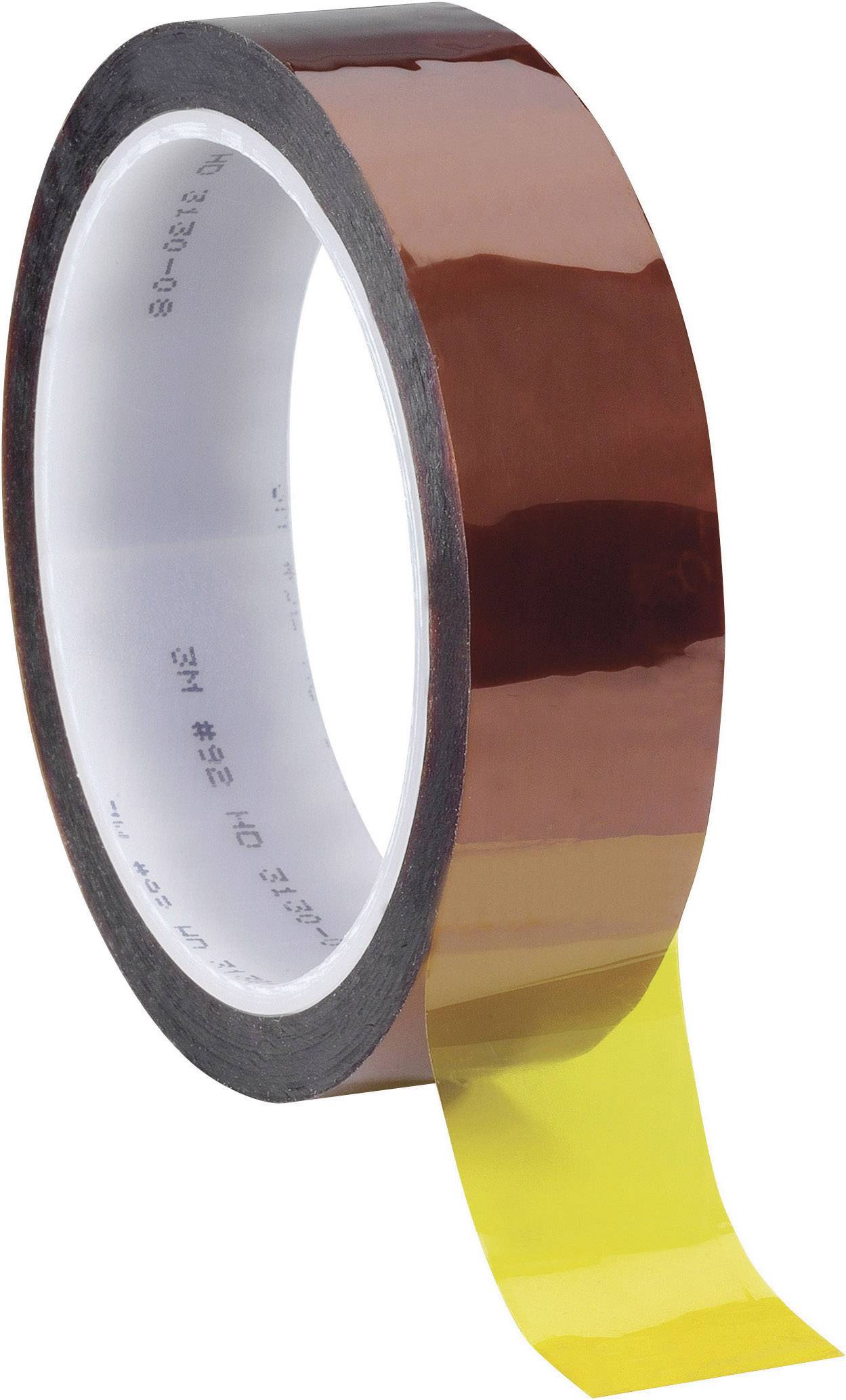 Un rouleau de ruban adhésif marron avec une bande de départ jaune, debout avec son rouleau intérieur visible.